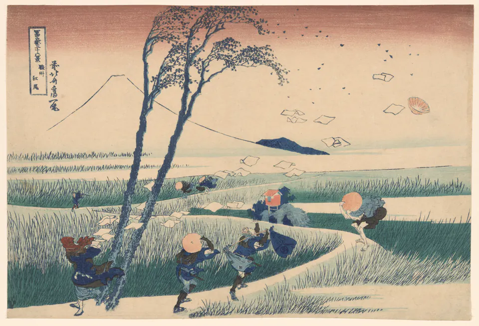 Travellers struggling in a gust that lifts papers into the air near Mount Fuji
