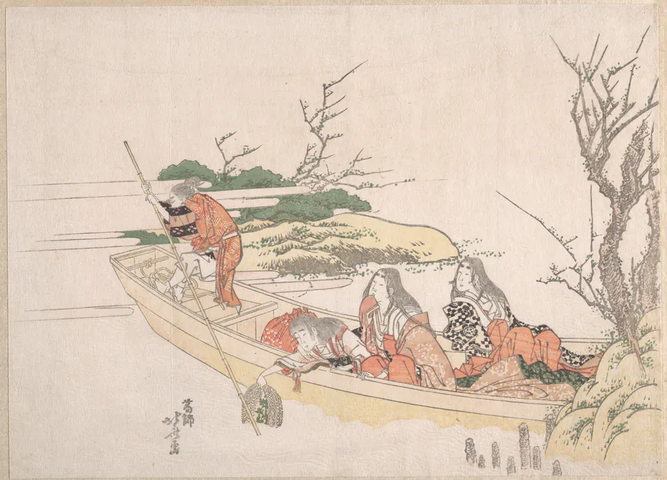 People gathering seaweed along a shore in a compact landscape print by Hokusai