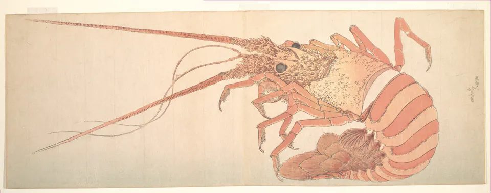 A long horizontal surimono print of a large lobster by Hokusai