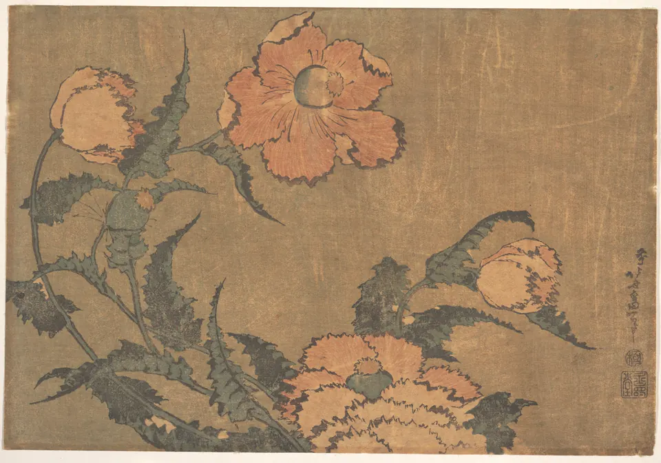Red poppies bending sharply in the wind in a colour woodblock print by Hokusai