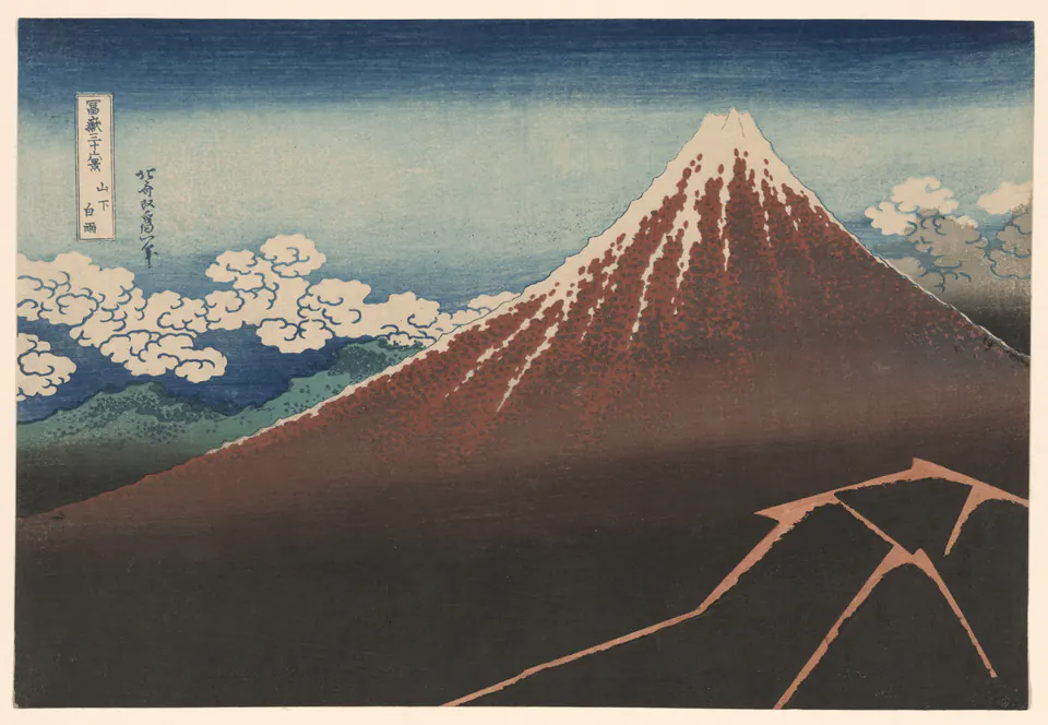 Dark rain and lightning crossing the lower slopes of Mount Fuji in a Hokusai print
