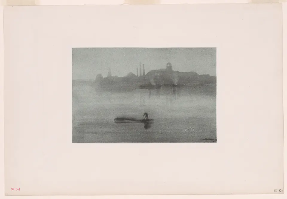 A dark horizontal lithotint with pale lights flickering across nocturnal water