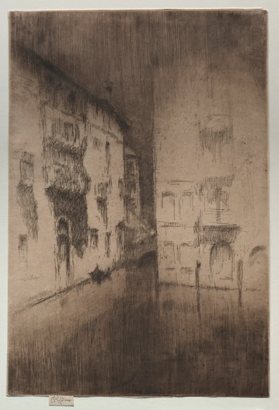 Venetian palaces dissolving into dense black ink beside a luminous canal