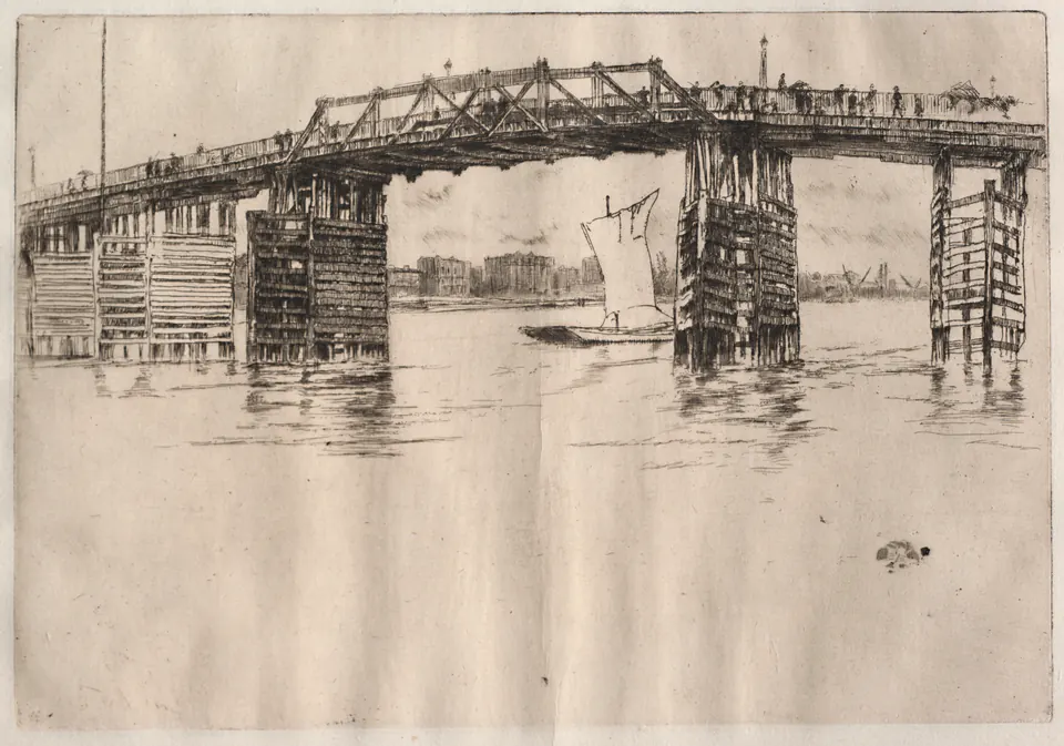 A long low wooden bridge spanning the Thames beneath a pale open sky