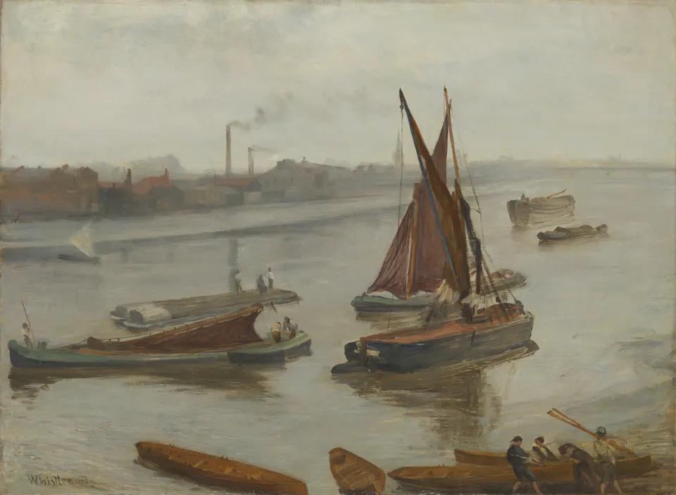 Barges, workers, and distant chimneys along the muted grey-brown Thames