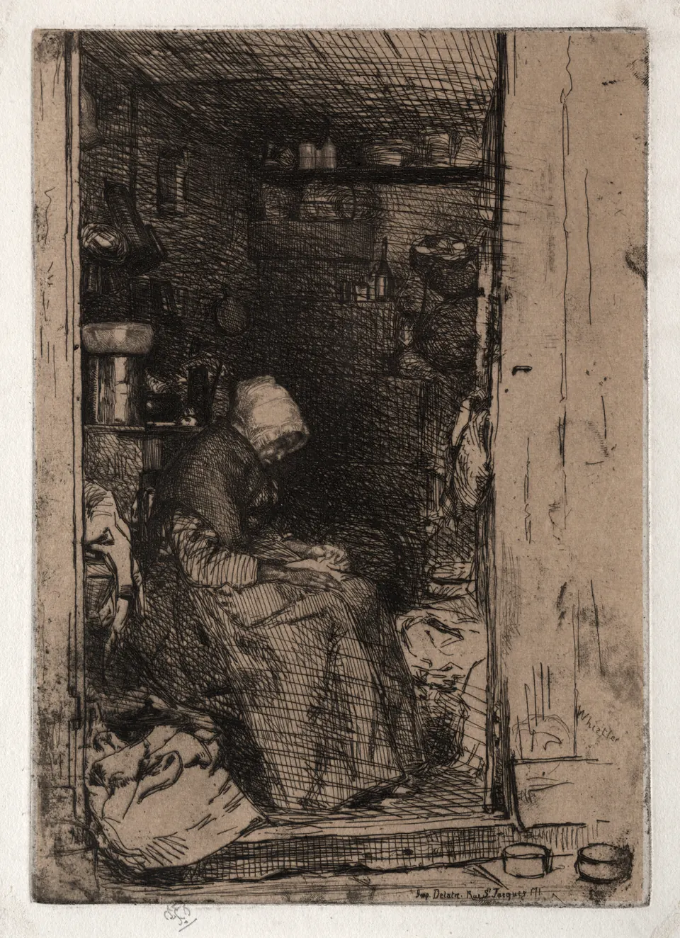 An elderly rag seller seated within a densely etched doorway and wall