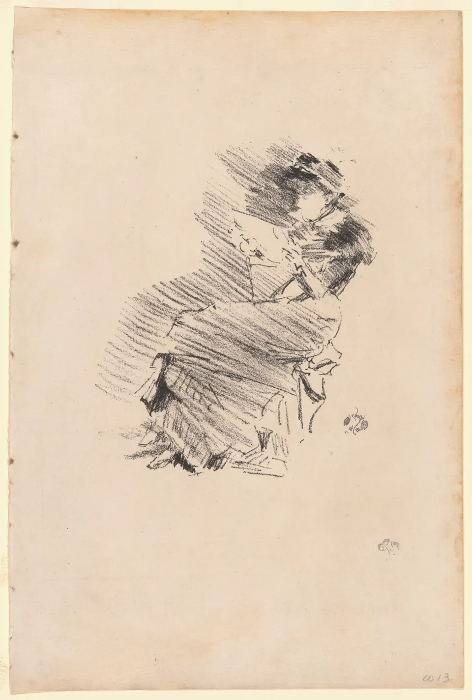 A seated figure bending over a book in Whistler’s sparse black lithograph Reading