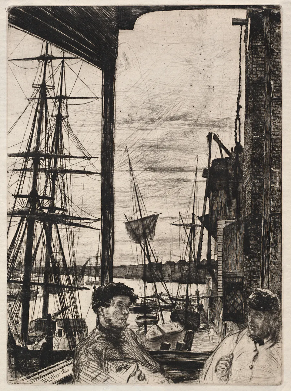 Two men beside a window overlooking busy shipping on the Thames at Rotherhithe