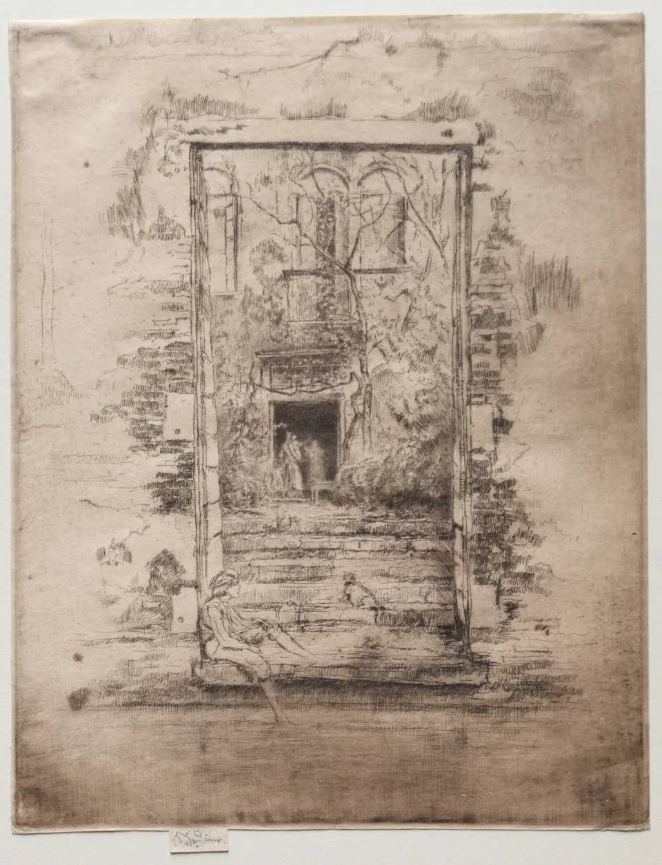 A shadowed Venetian doorway opening onto a bright garden and small figures