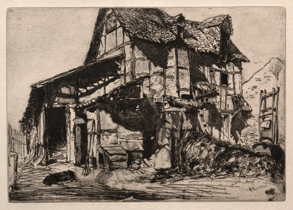 A damaged building with exposed timbers and small figures in a rough courtyard