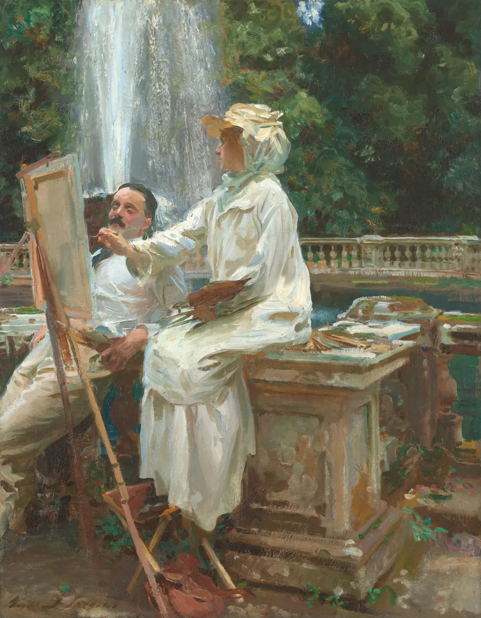 Two figures beside a sunlit fountain under dense green foliage at Frascati
