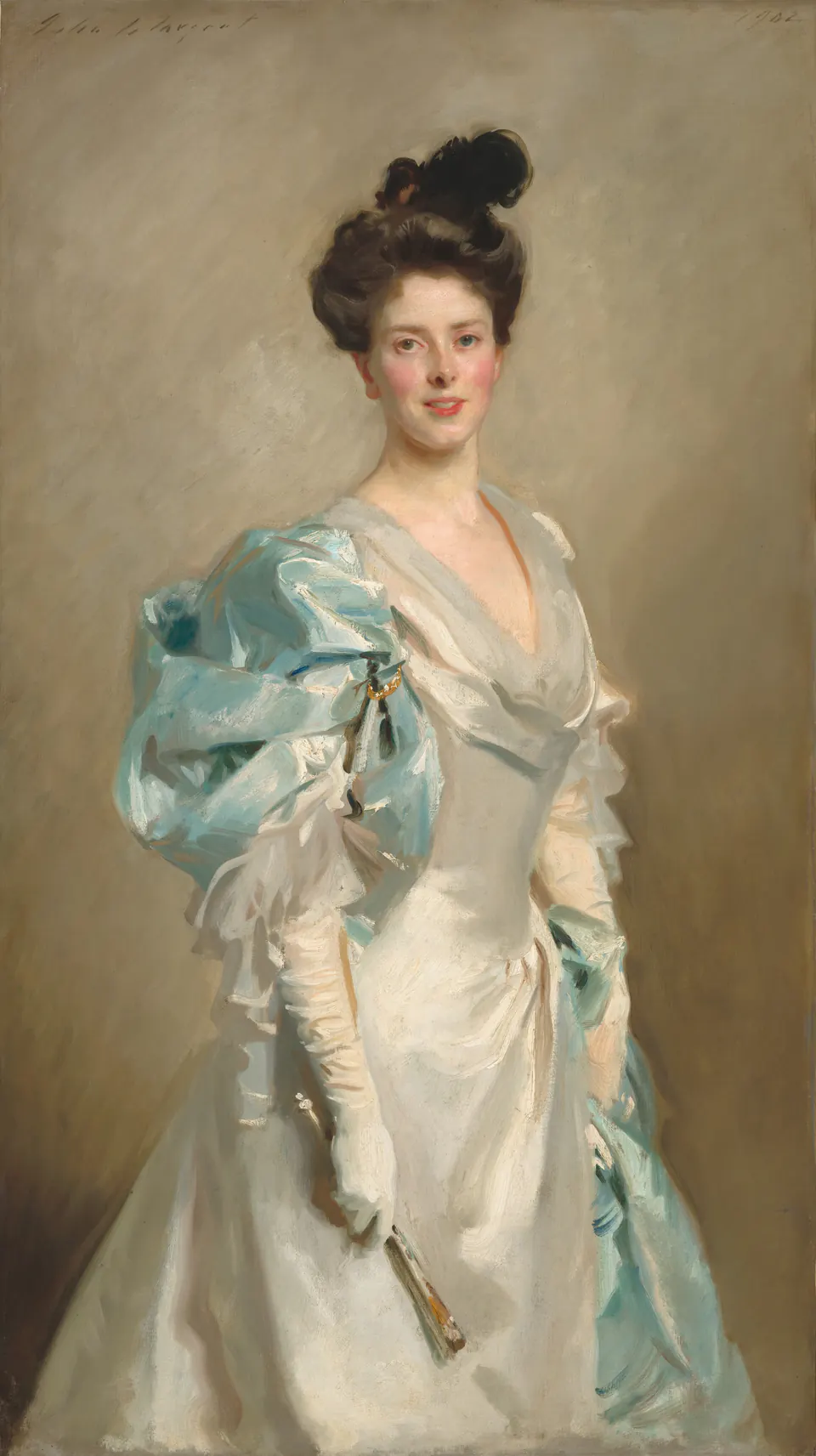 Mary Endicott Chamberlain in a white and pale blue evening dress