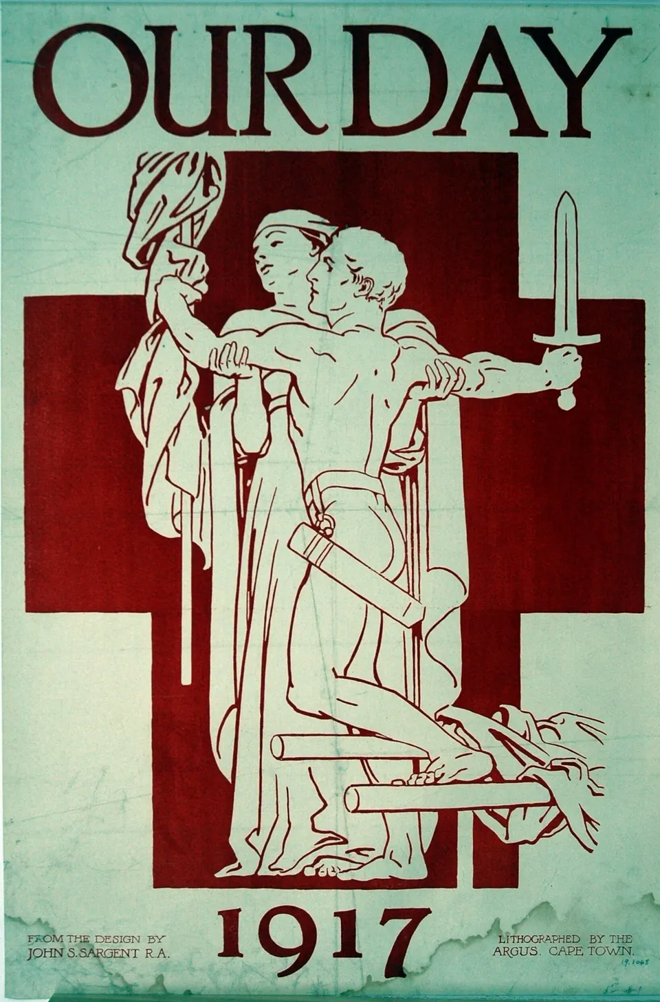 A red-robed figure above the words Red Cross Our Day 1917 in a fundraising poster