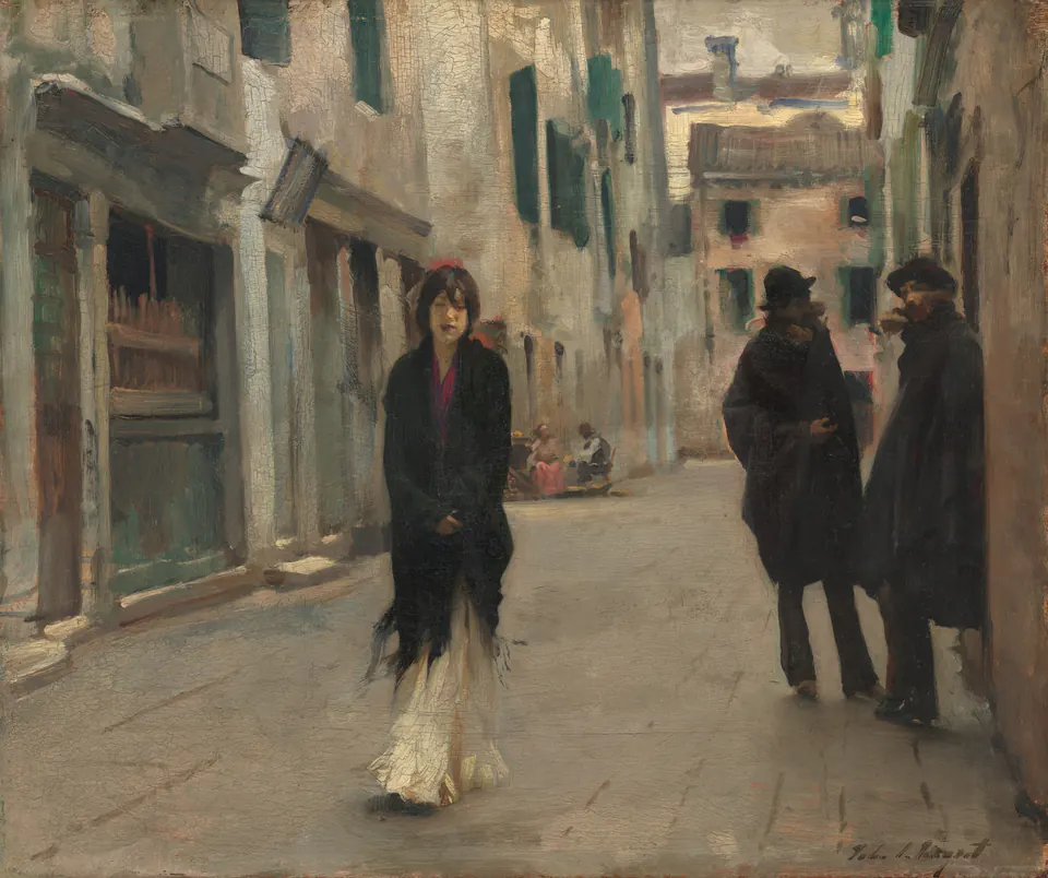 A woman walking through a shadowed Venetian alley past two men in dark coats