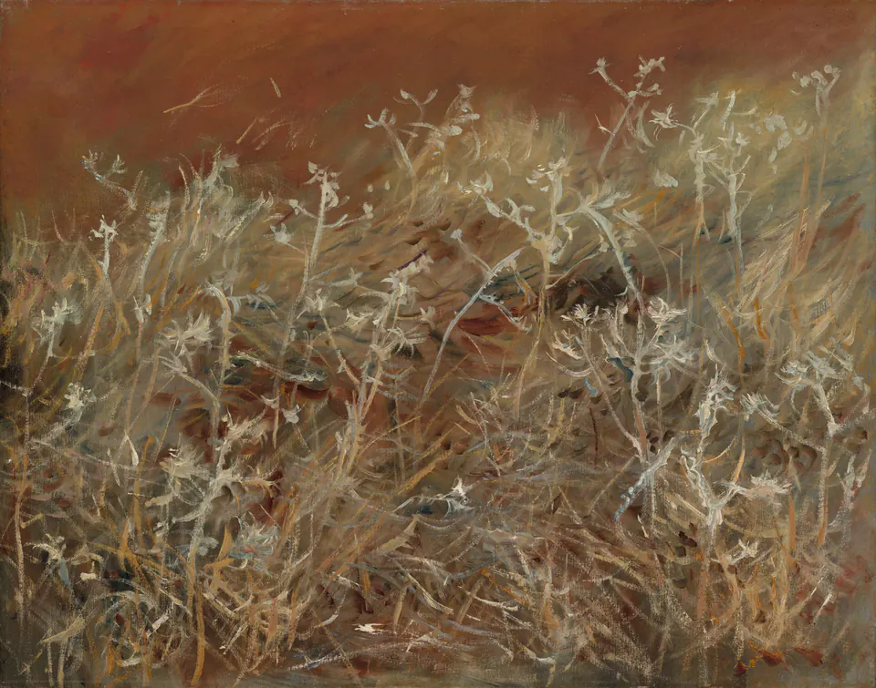 A dense patch of silver-green thistles painted with rapid broad strokes