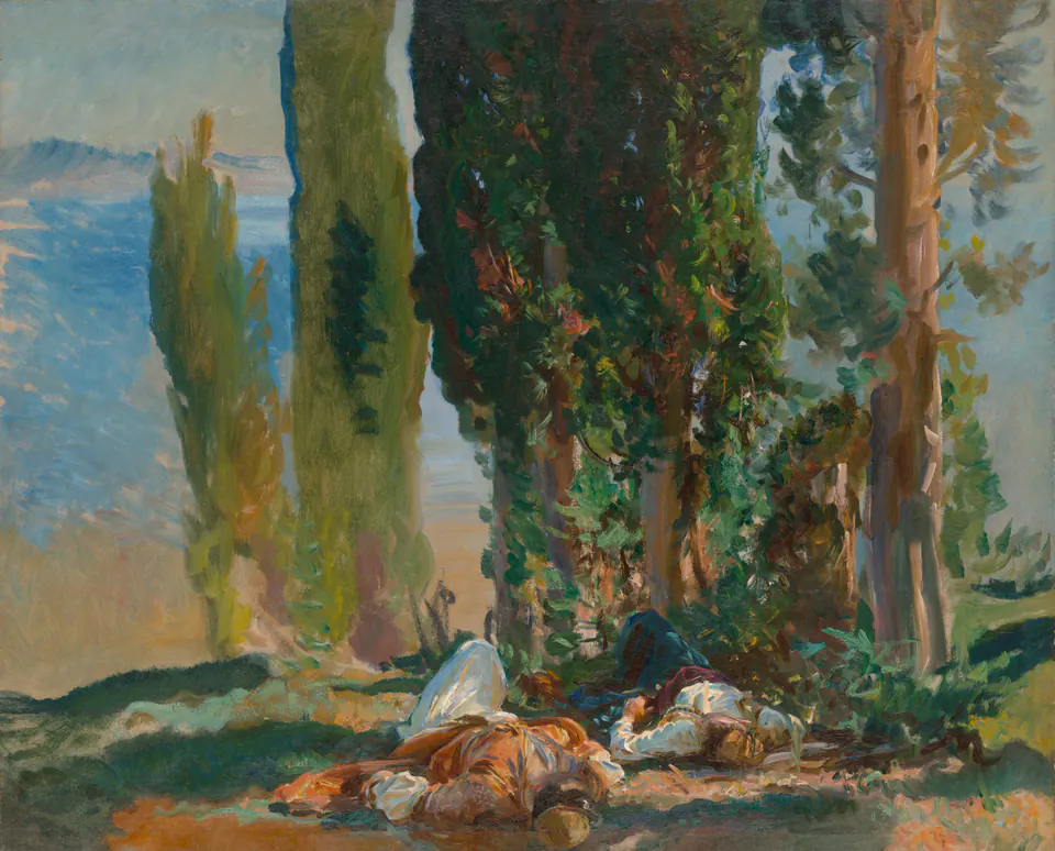 Two figures reclining in mottled shade beneath cypress trees on Corfu