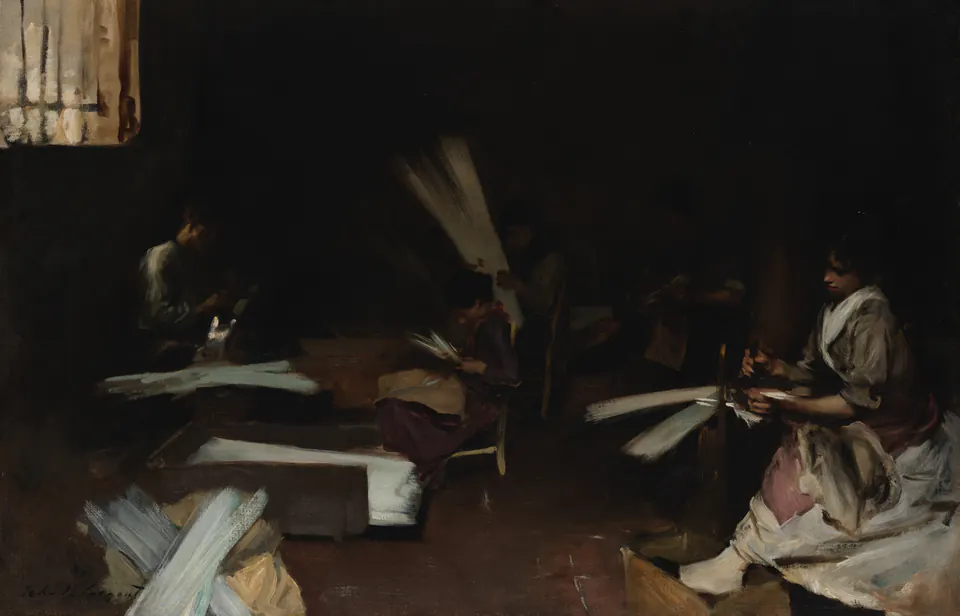 Glass workers gathered in a dim Venetian workshop around glowing furnaces