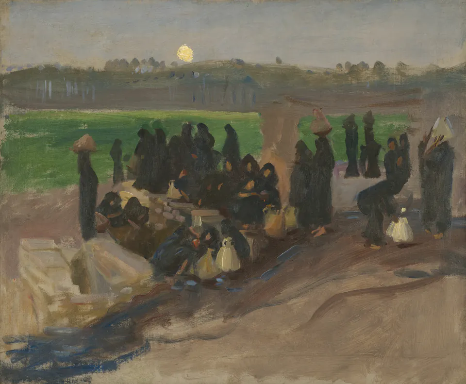 Water carriers and vessels painted in warm light beside the Nile