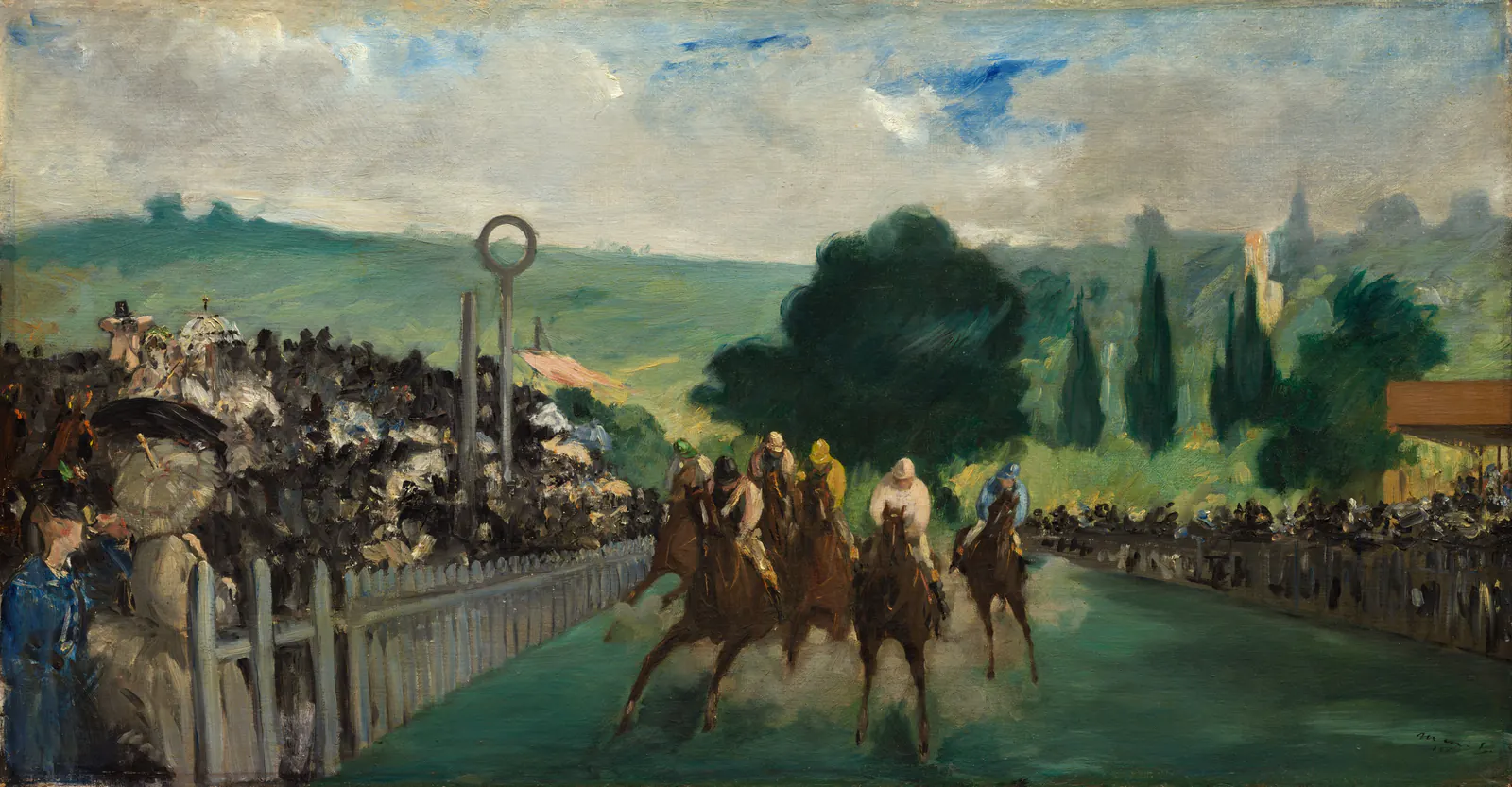 The Races at Longchamp by Édouard Manet, with horses and riders rushing across the course toward the viewer