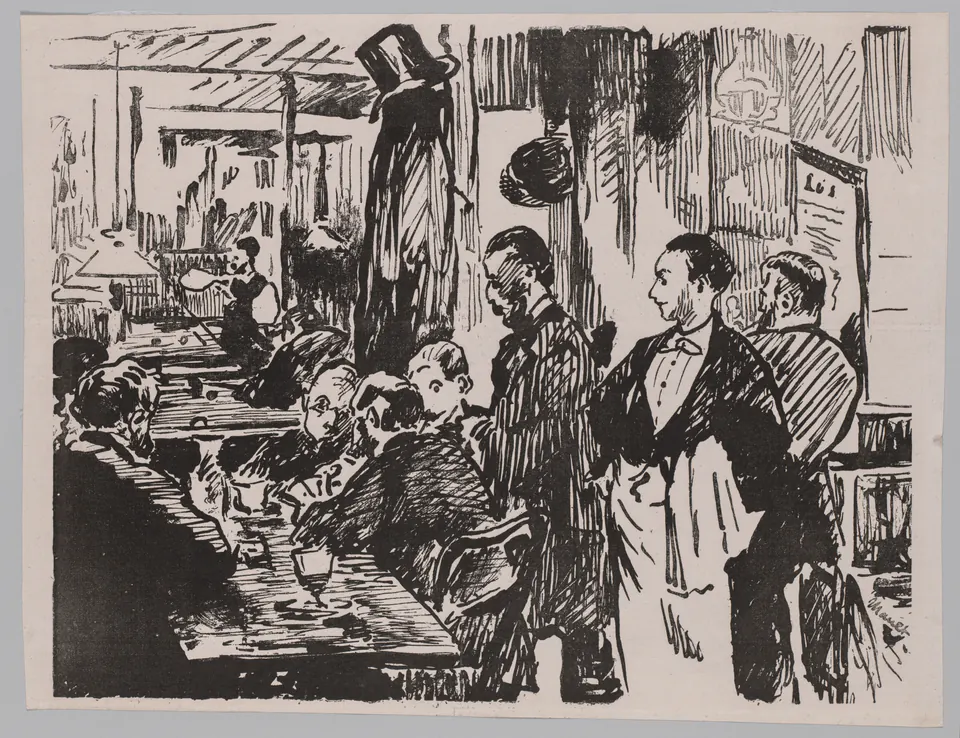 At the Café by Édouard Manet, a printed scene of figures seated around a café table