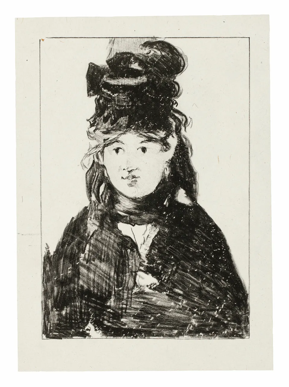 Berthe Morisot in Black by Édouard Manet, a dark etched portrait of the artist in profile