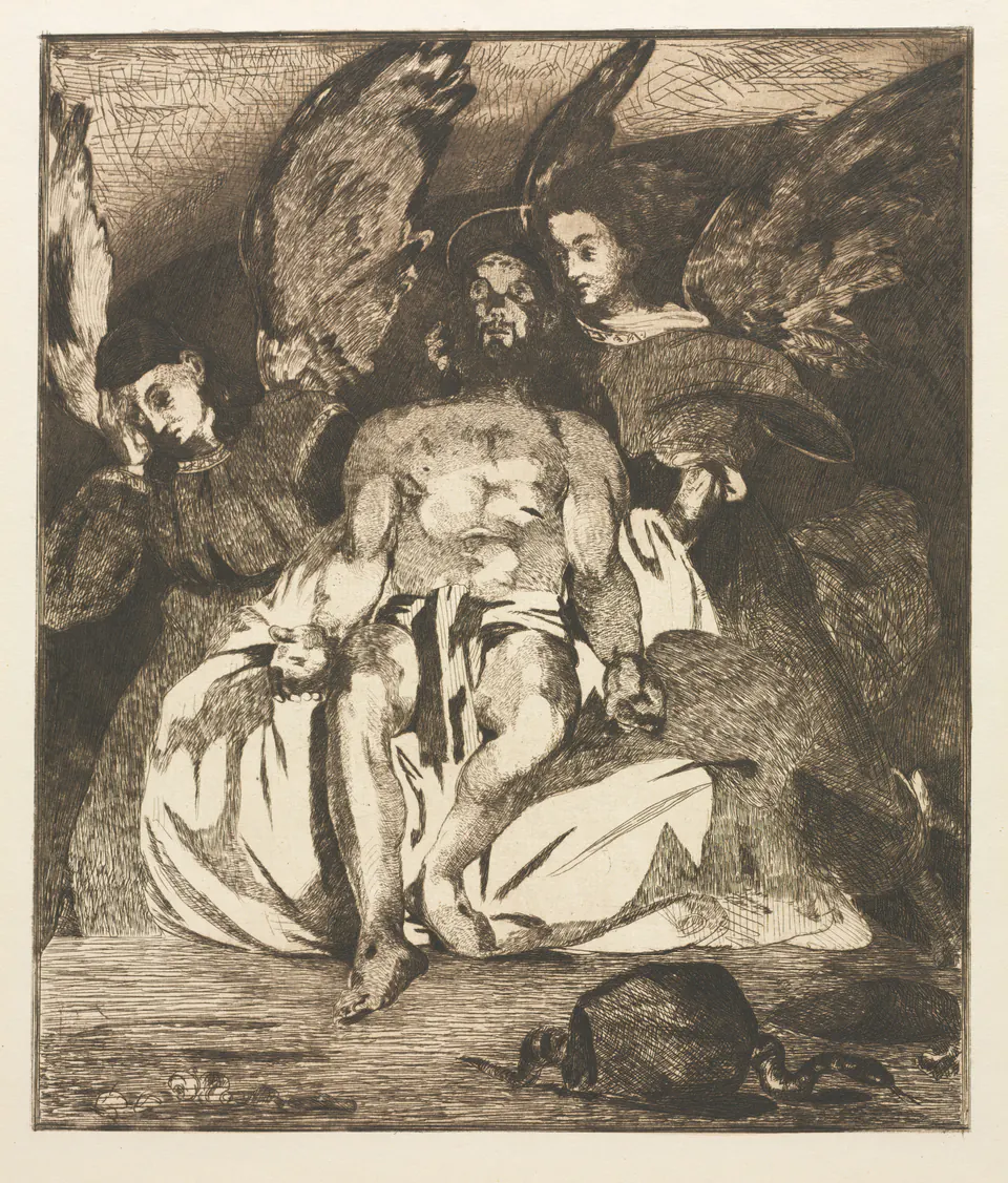 The Dead Christ with Angels by Édouard Manet, an etching of Christ supported by two angels