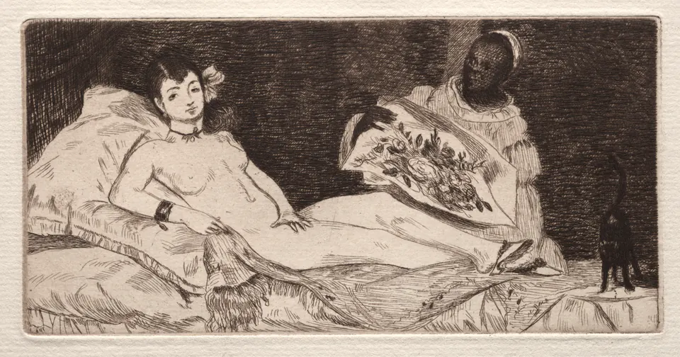 Olympia by Édouard Manet, an etched reproduction of the reclining figure and attendant from his painting