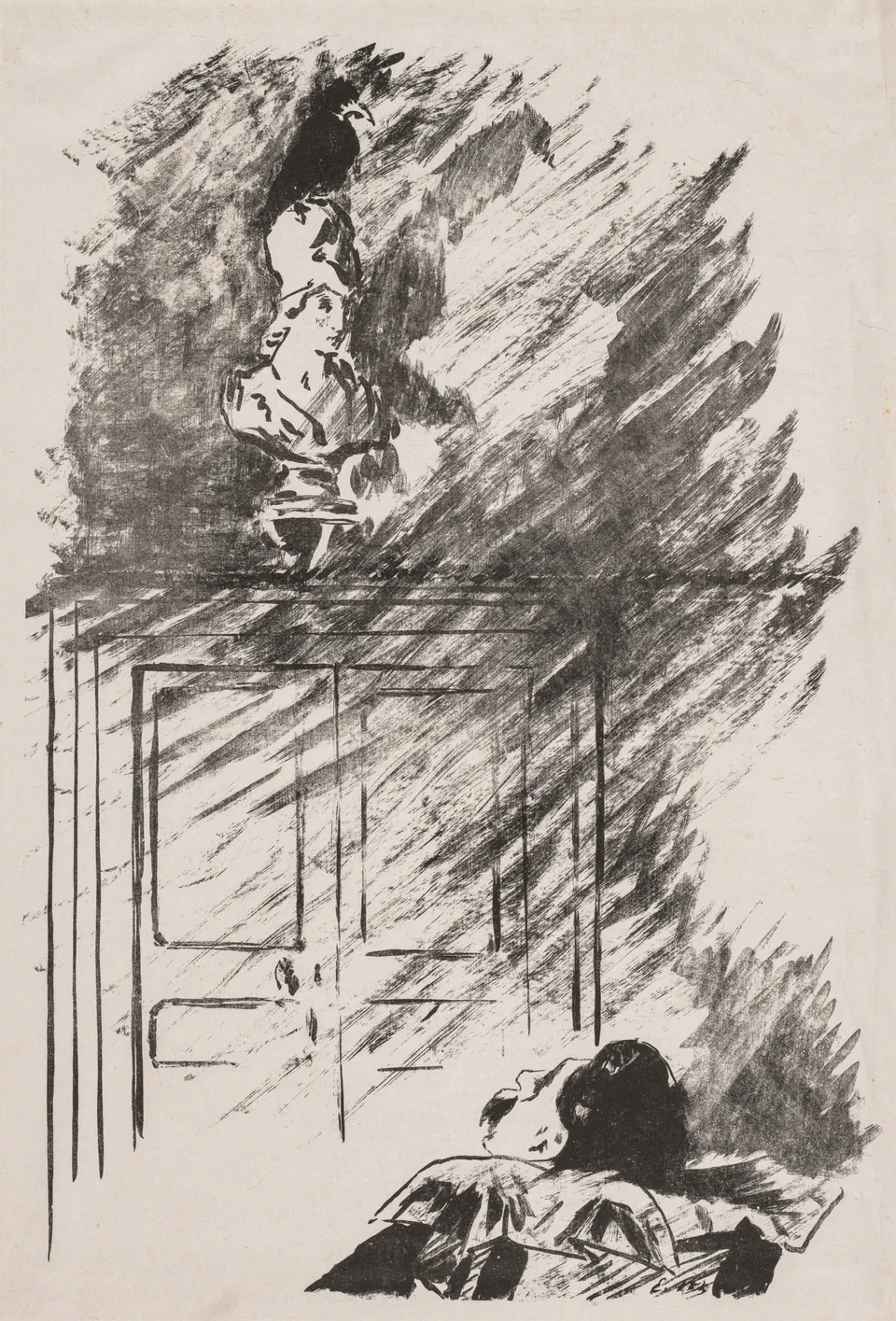 Perched upon a Bust of Pallas by Édouard Manet, a raven standing on a sculpted head in a lithograph
