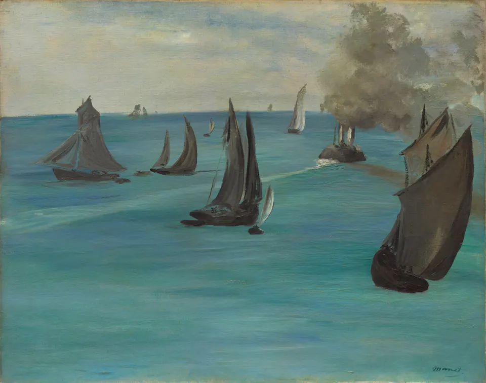 Sea View, Calm Weather by Édouard Manet, with small boats beneath a broad pale sky