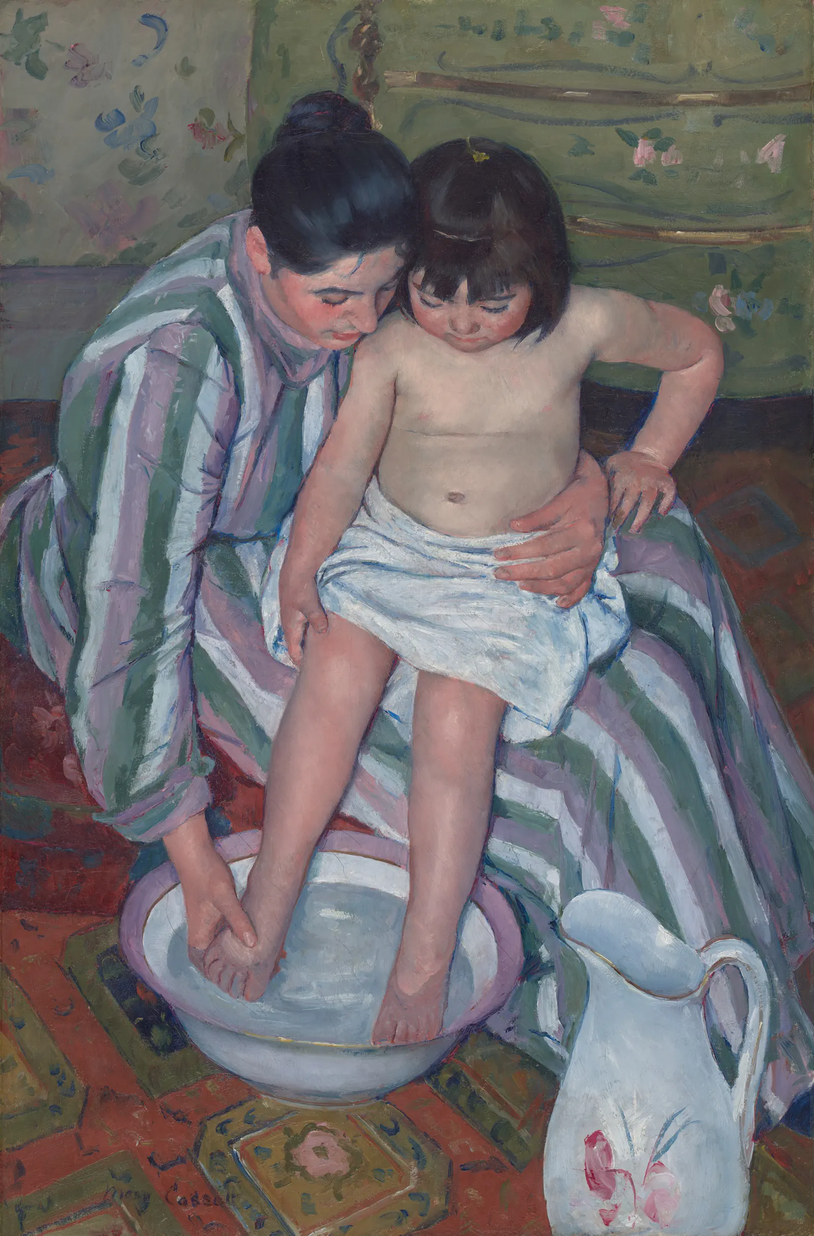 Mary Cassatt's The Child's Bath, showing a seated woman washing a child's feet in a basin