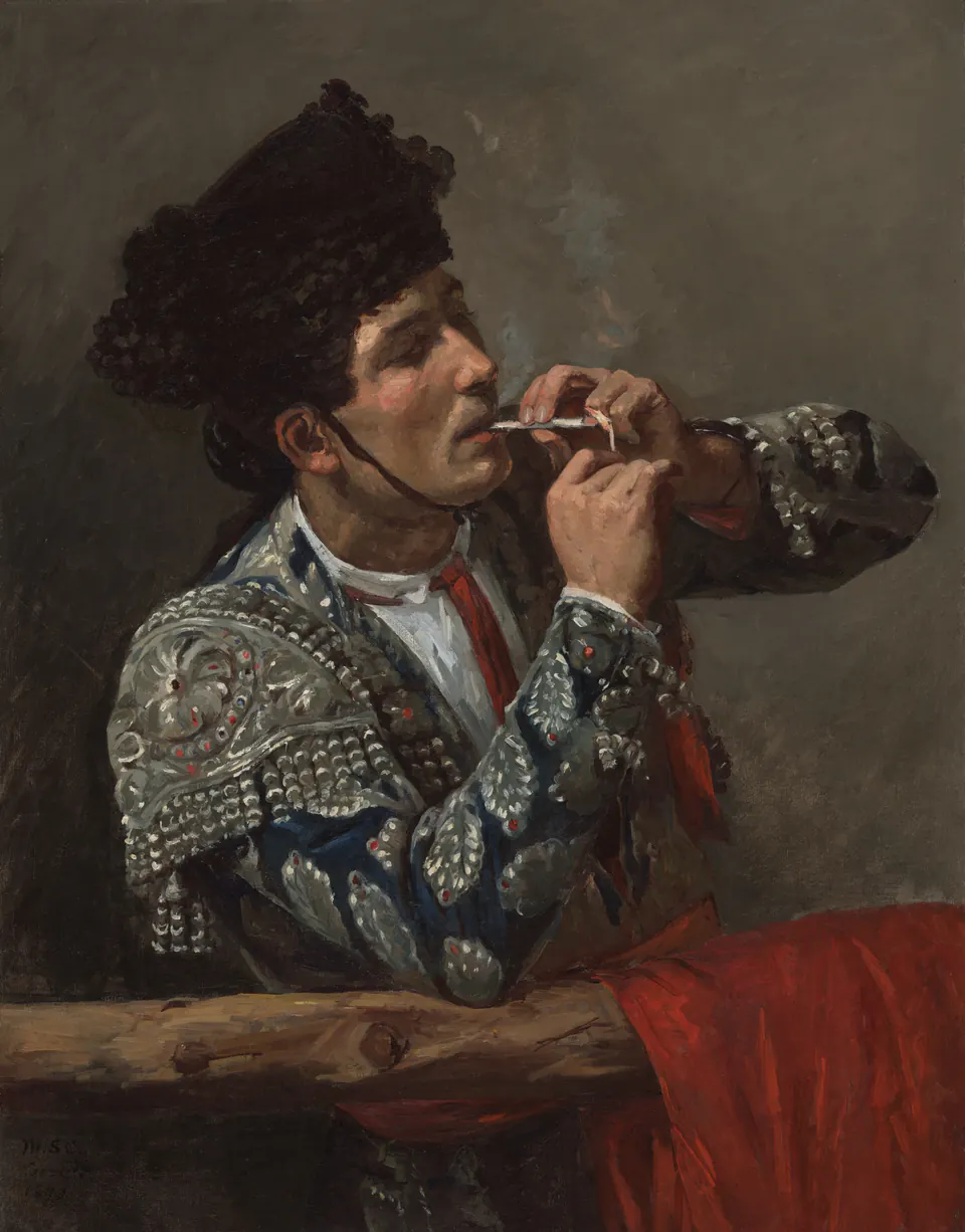 A Spanish bullfighter seated in profile and drinking from a cup in a painting by Mary Cassatt