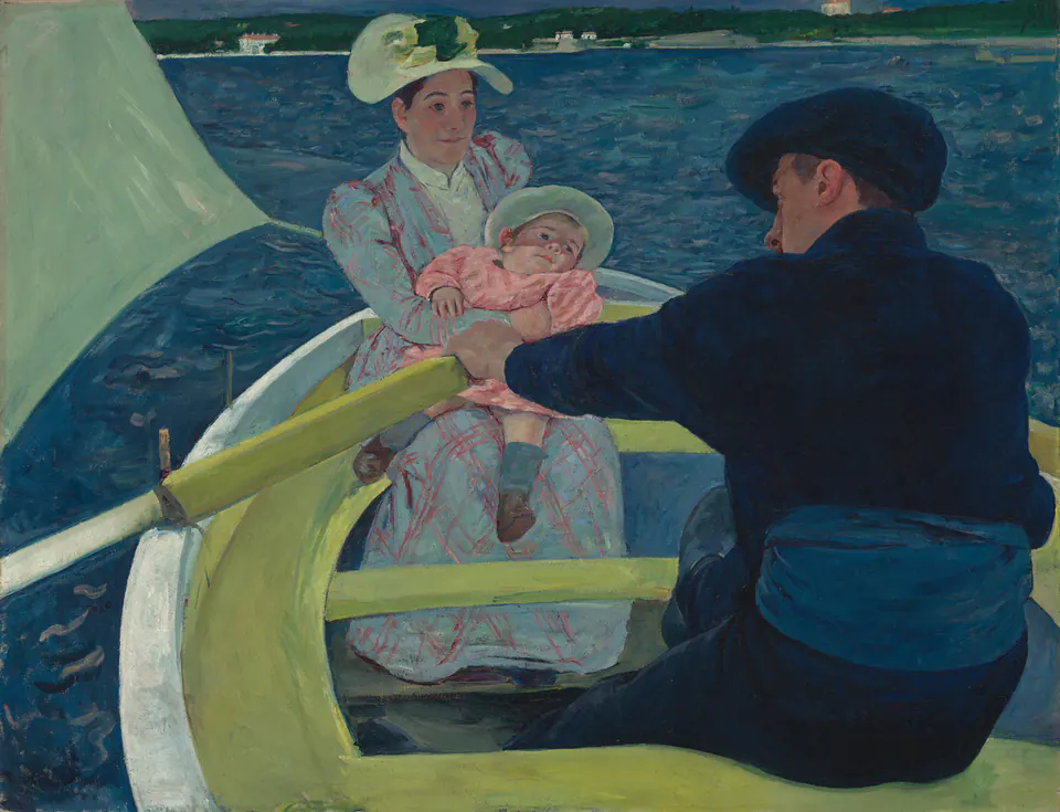 A man rowing a woman and child across bright blue water in The Boating Party by Mary Cassatt