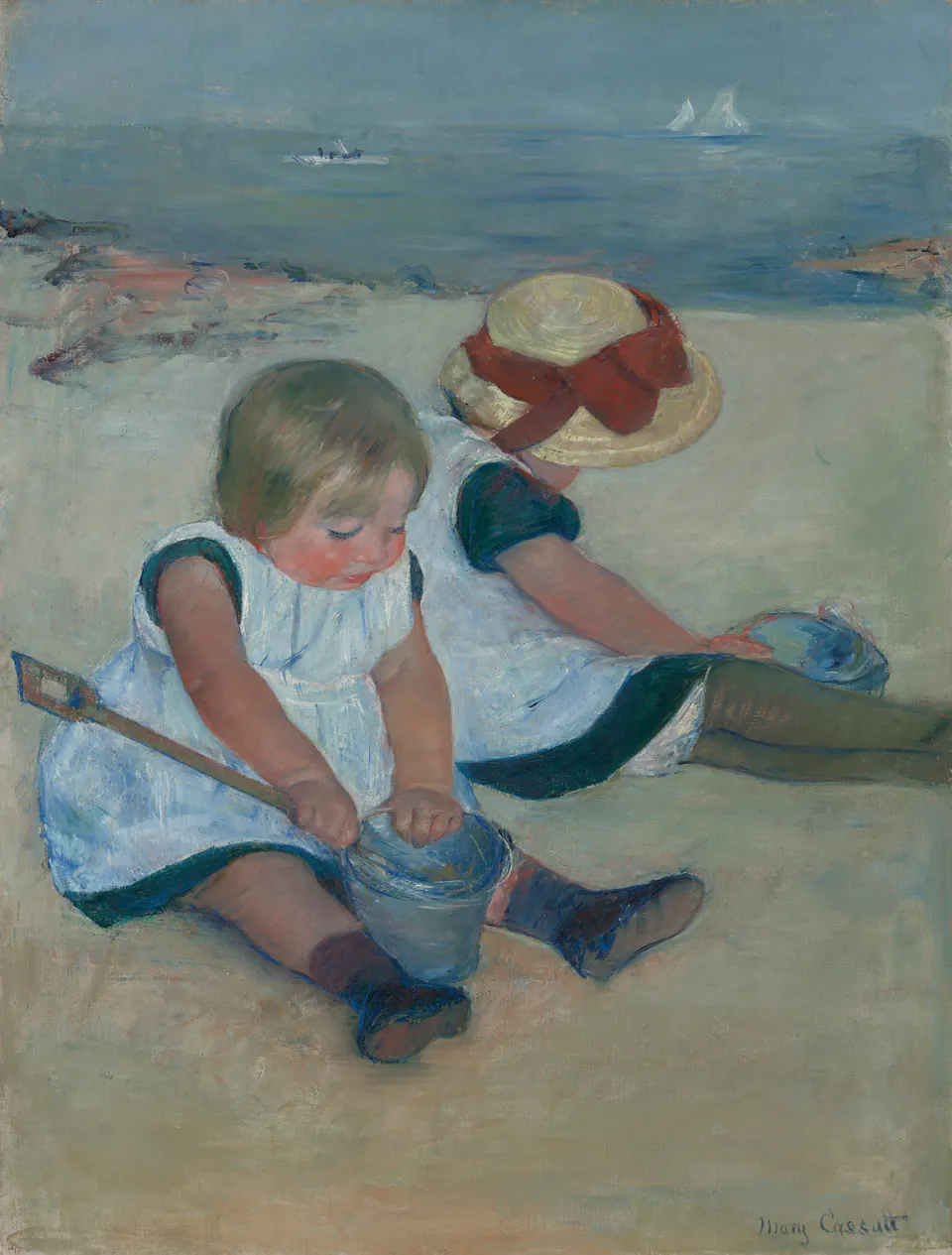 Two children seated back to back on a beach with a pail and shovel in a painting by Mary Cassatt