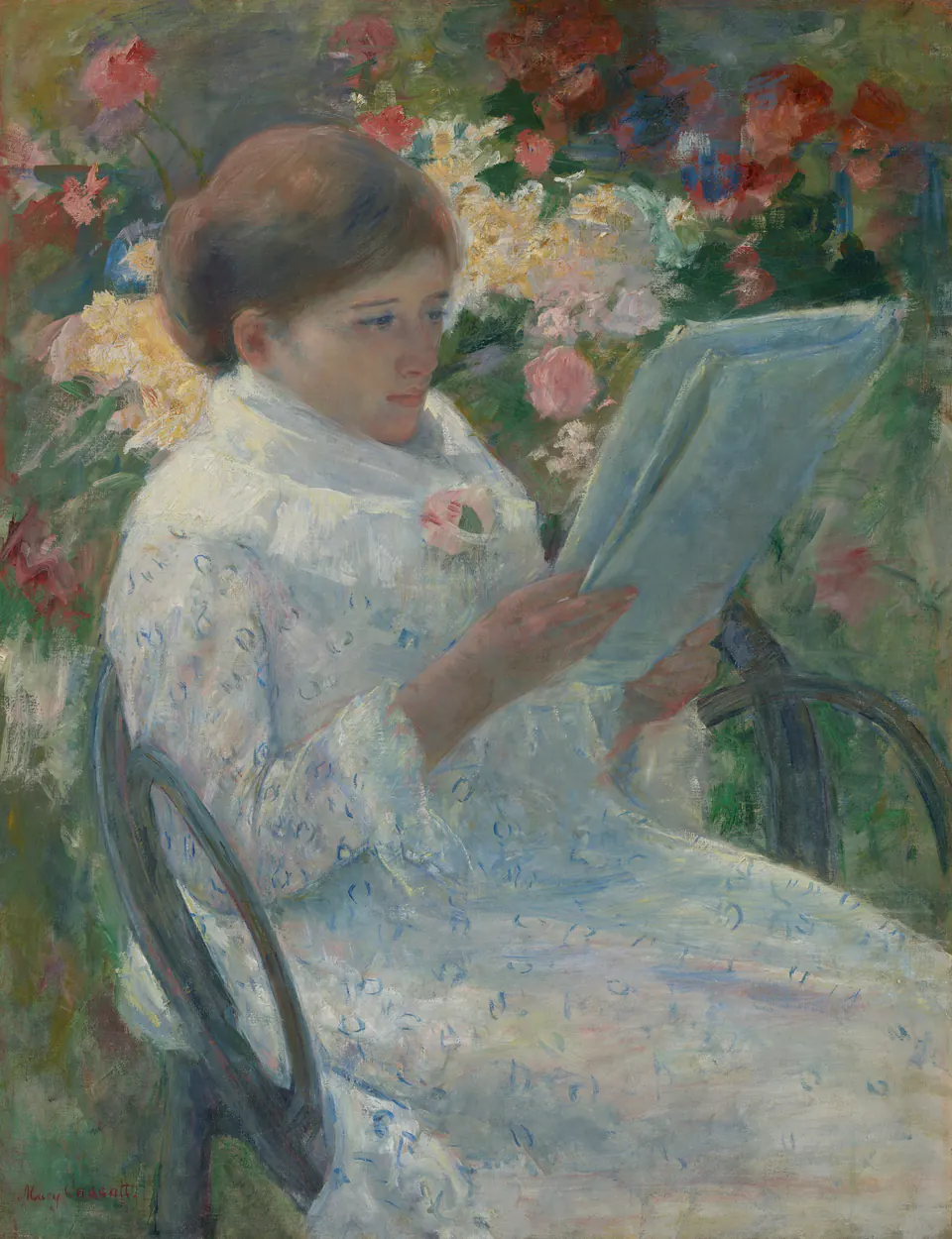 A woman reading a newspaper while seated on a balcony in a painting by Mary Cassatt