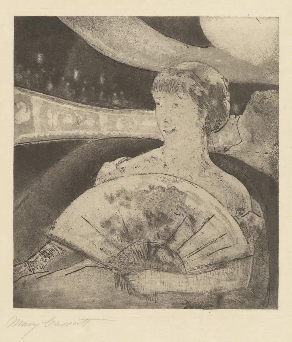 A woman turning in an opera box while holding a large fan in an impression by Mary Cassatt