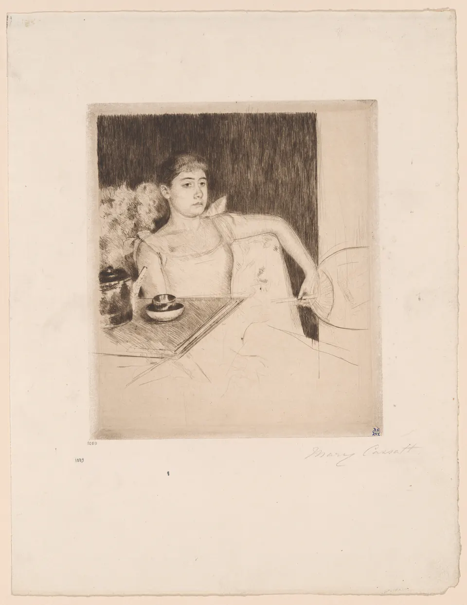 Two women seated together, one lifting a teacup, in a drypoint by Mary Cassatt