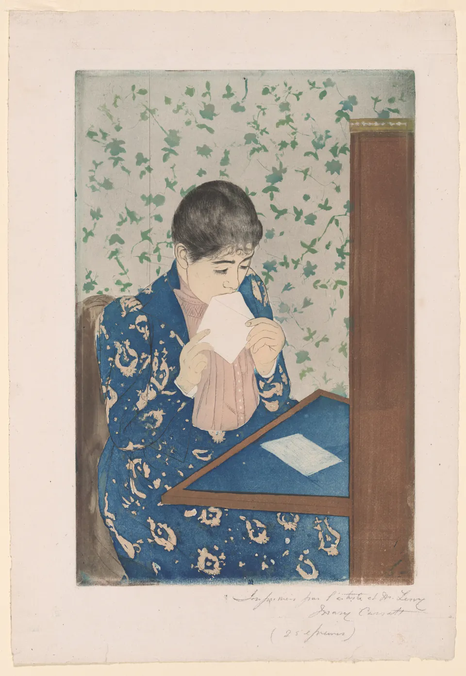 A woman in a blue patterned dress sealing a letter at a writing desk in a colour print by Mary Cassatt