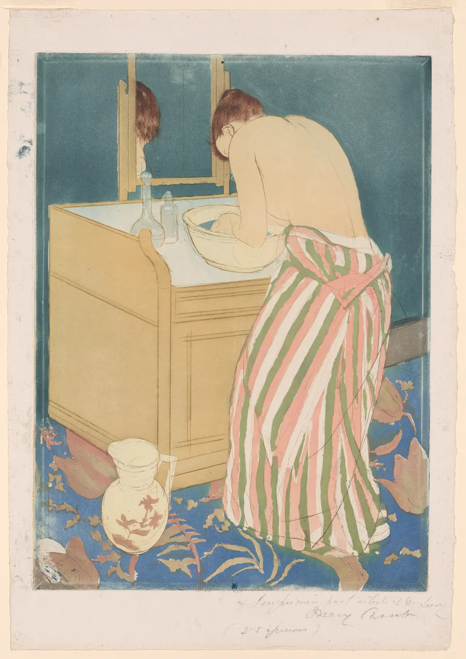 A seated woman washing herself beside a patterned basin in a colour print by Mary Cassatt