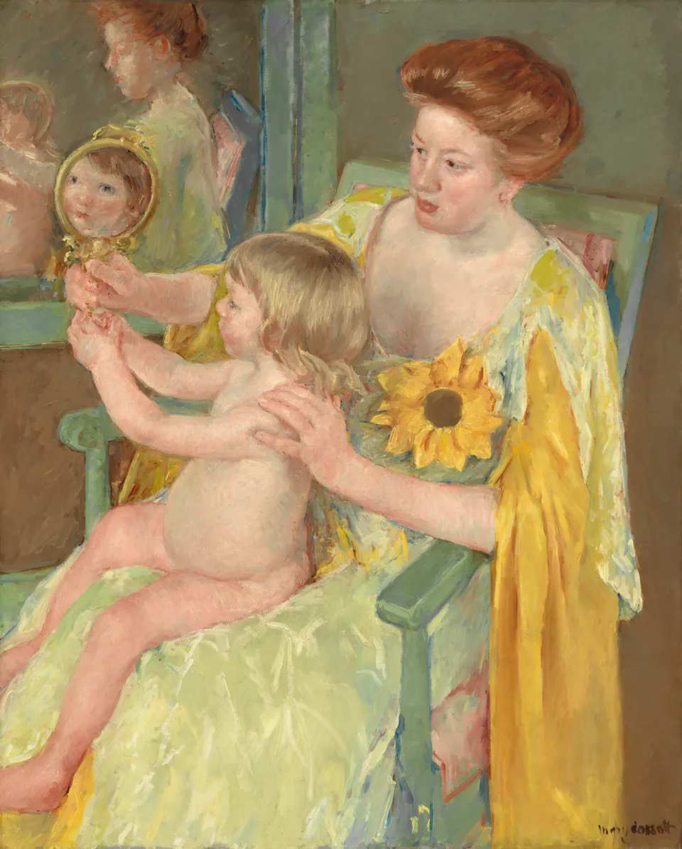 A woman and child looking into a hand mirror beside a large sunflower in a painting by Mary Cassatt