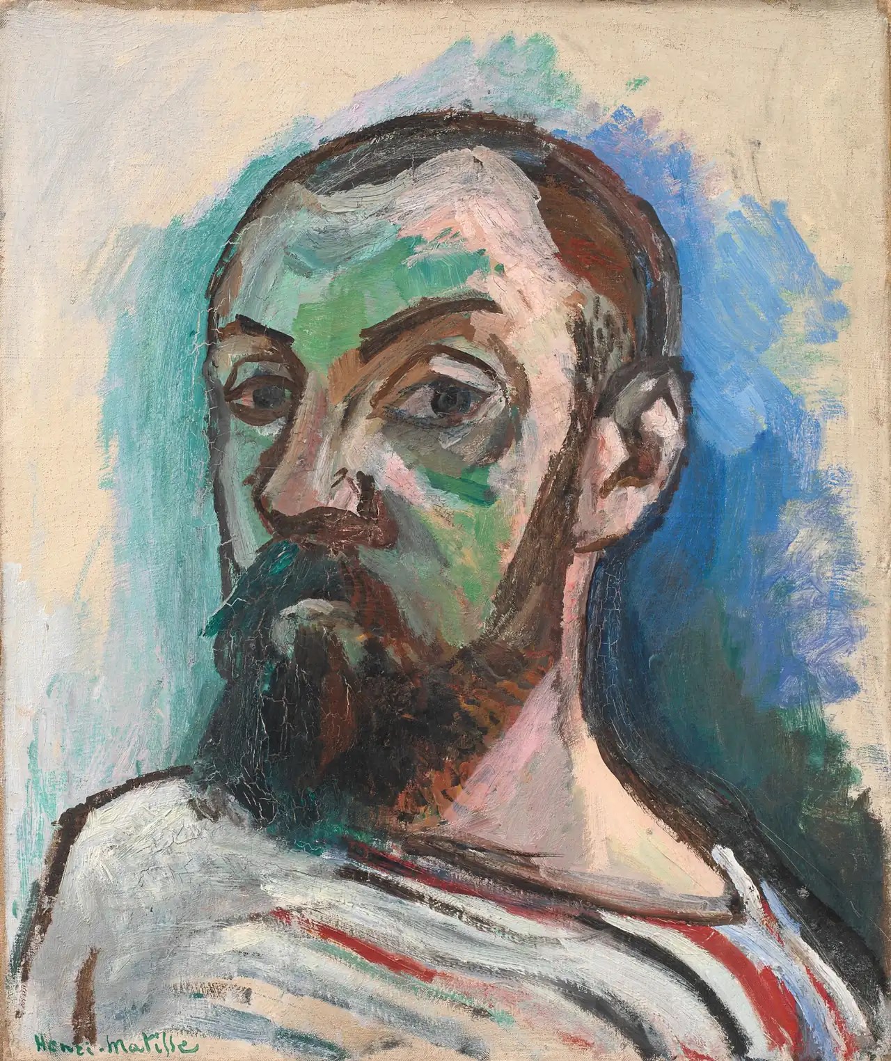 Matisse with a dark beard and striped shirt, green and pink brushstrokes across his face against blue-green and cream paint.