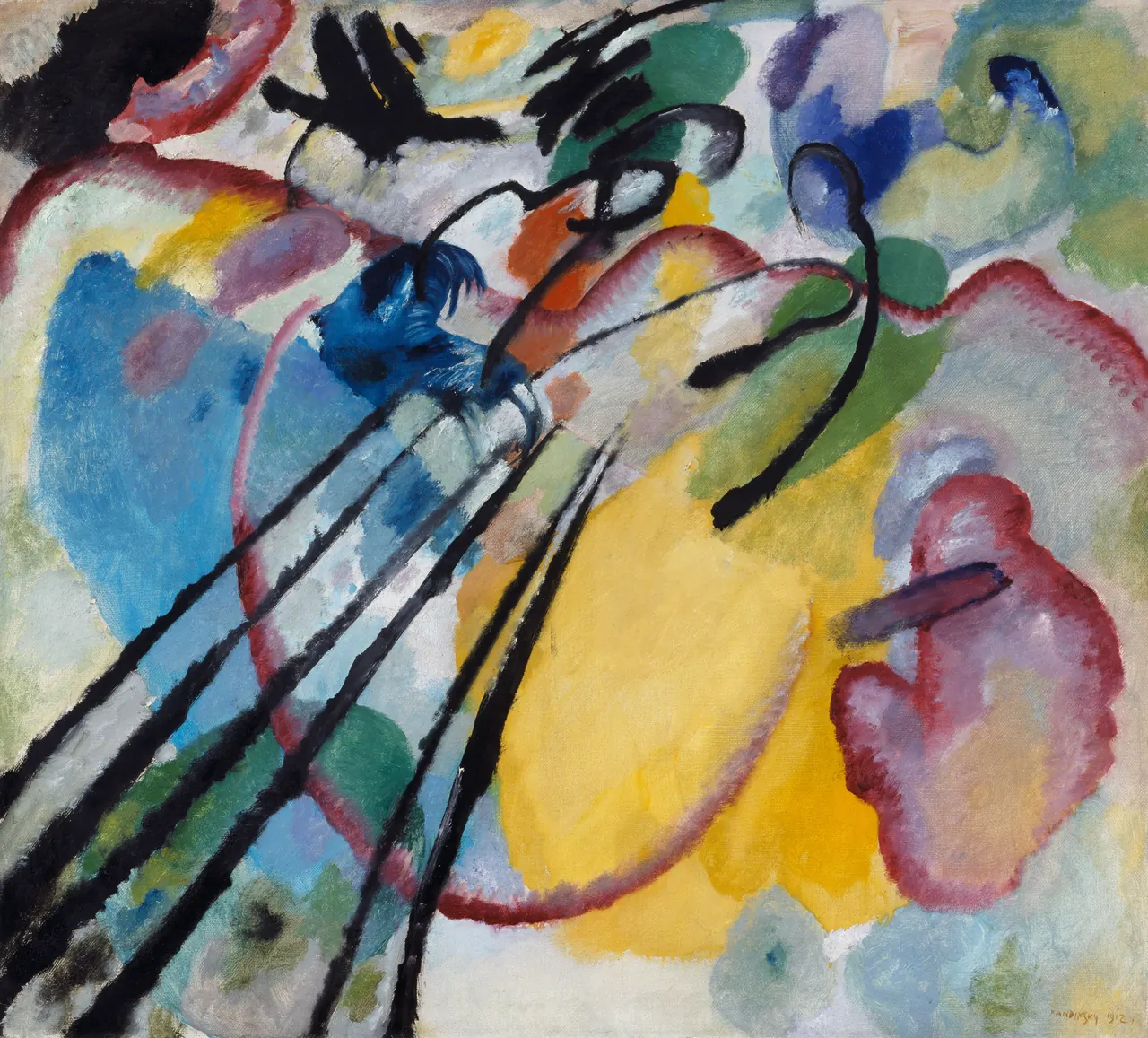Black diagonal strokes suggest oars and a boat among broad blue, yellow, pink and green shapes in Kandinsky’s Improvisation 26.
