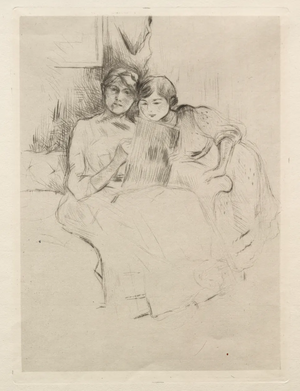 The Drawing Lesson by Berthe Morisot, a drypoint self-portrait with her daughter Julie observing