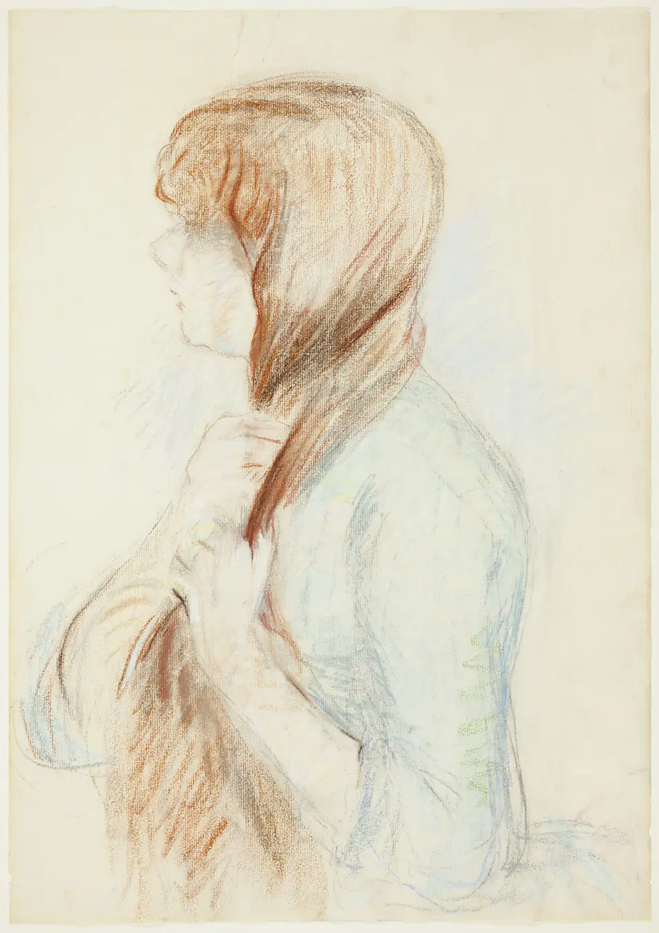 Girl Plaiting her Hair by Berthe Morisot, a pastel portrait of a girl arranging her long hair