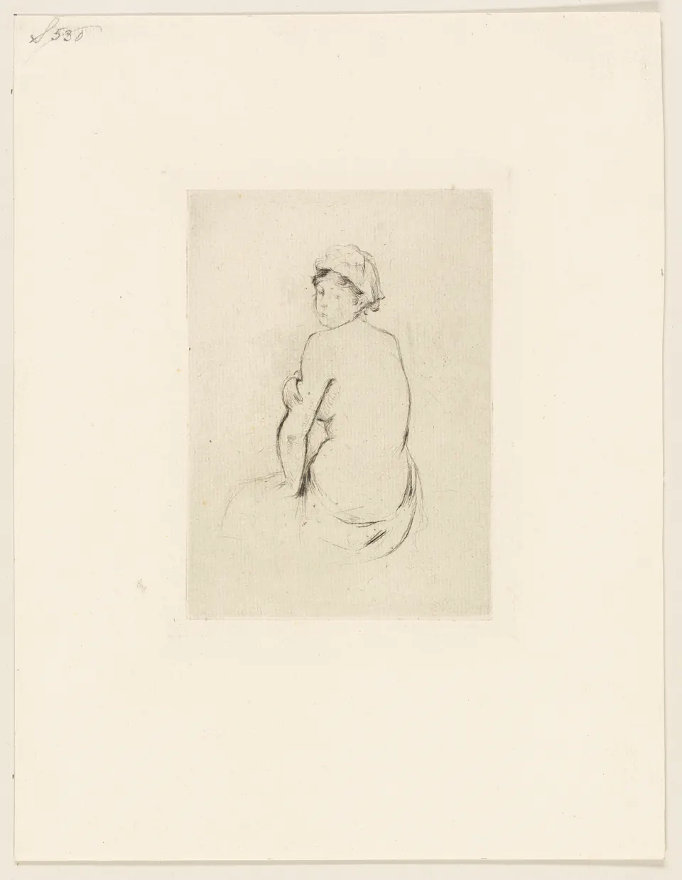 Nude Seen from Behind by Berthe Morisot, a drypoint of a seated figure turning away