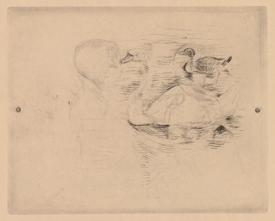 Swan and Duck with portraits of Julie by Berthe Morisot, a drypoint combining birds and profile studies