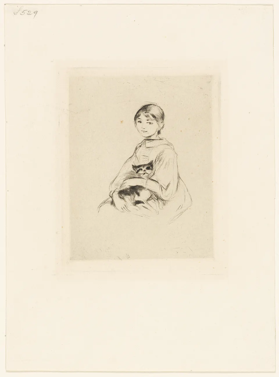 Young Girl with a Cat by Berthe Morisot, a drypoint portrait of a child holding a cat