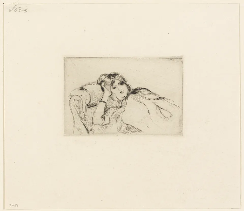 Young Woman at Rest by Berthe Morisot, a drypoint of a reclining model beside a carved chair