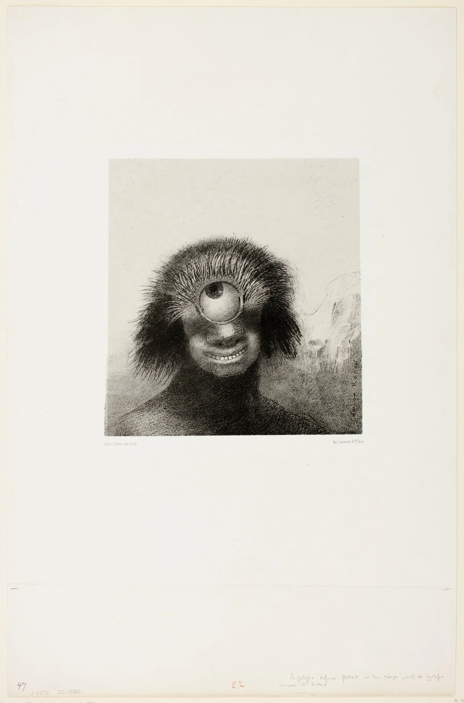 A smiling one-eyed cyclops with radiating hair in a lithograph from Les Origines