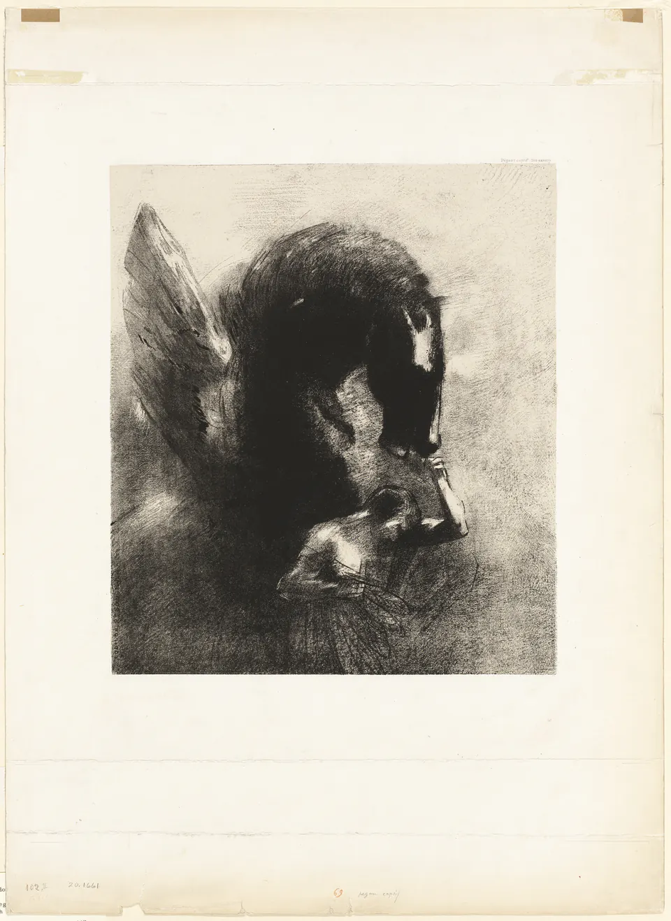 A winged horse restrained beneath dark enclosing forms in Captive Pegasus