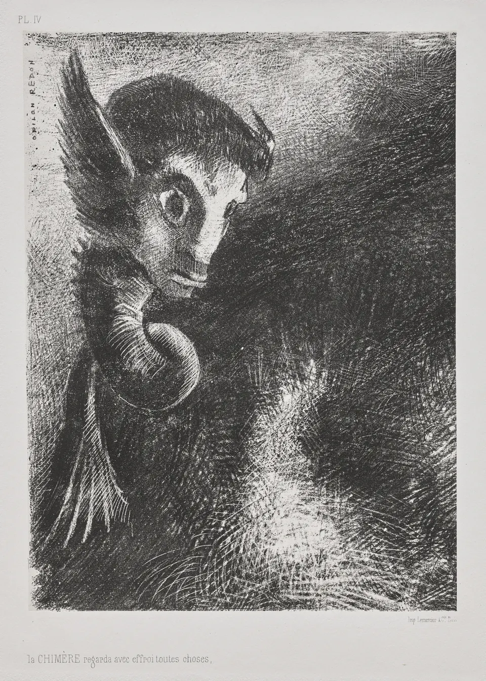 A fearful chimera with a humanlike face staring through deep shadow